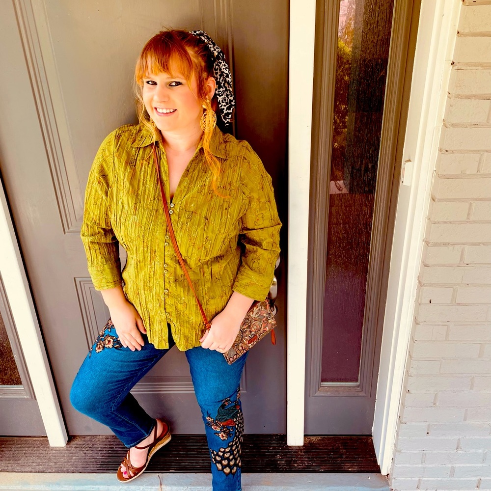 Vintage Light Olive Embroidered Blouse